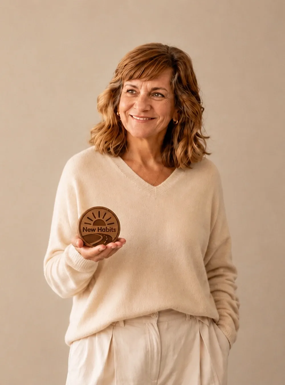Yasmín Goetz holding a wooden New Habits, New Hope badge